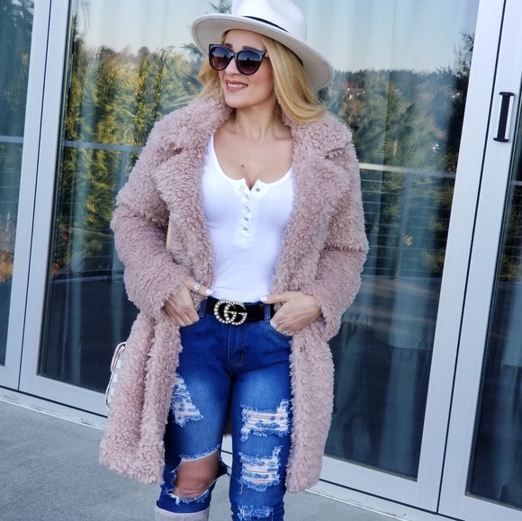 MODA ME COUTURE Jackets & Blazers - Faux Fur Teddy Jacket Coat - Dusty Pink